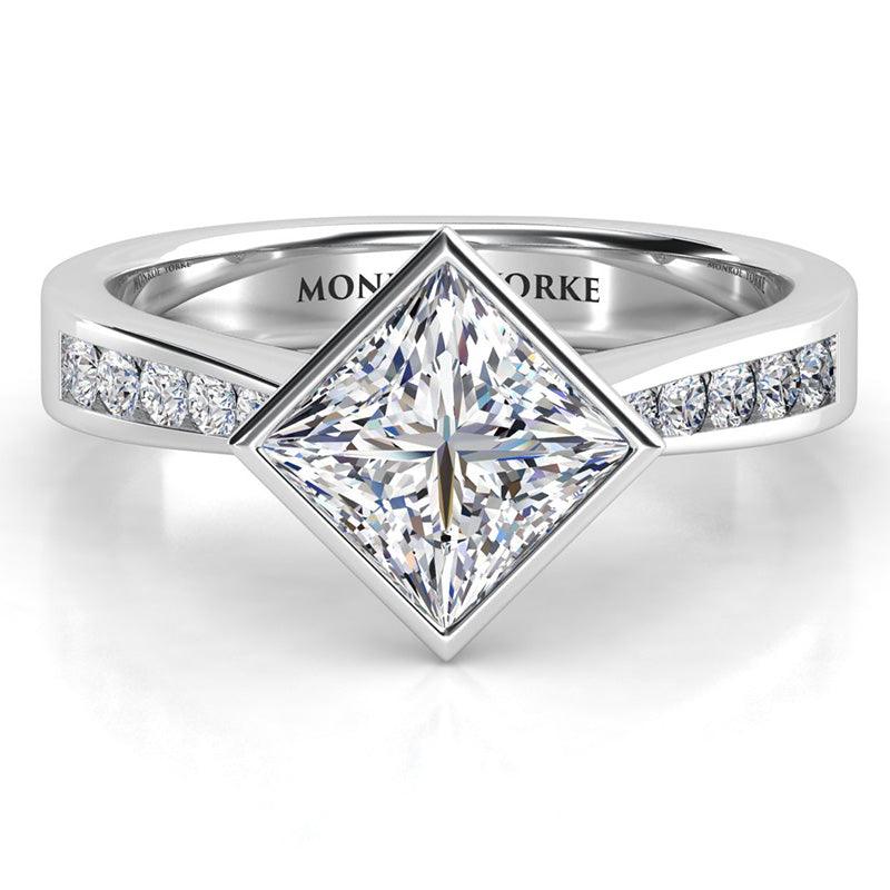 Nash - GIA Certified Princess Cut Diamond Engagement Ring. White Gold. Centre diamond set at a 45 degree angle. 