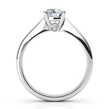 Nicolette in platinum: Side view showing the beautiful round diamond accents under the main diamond