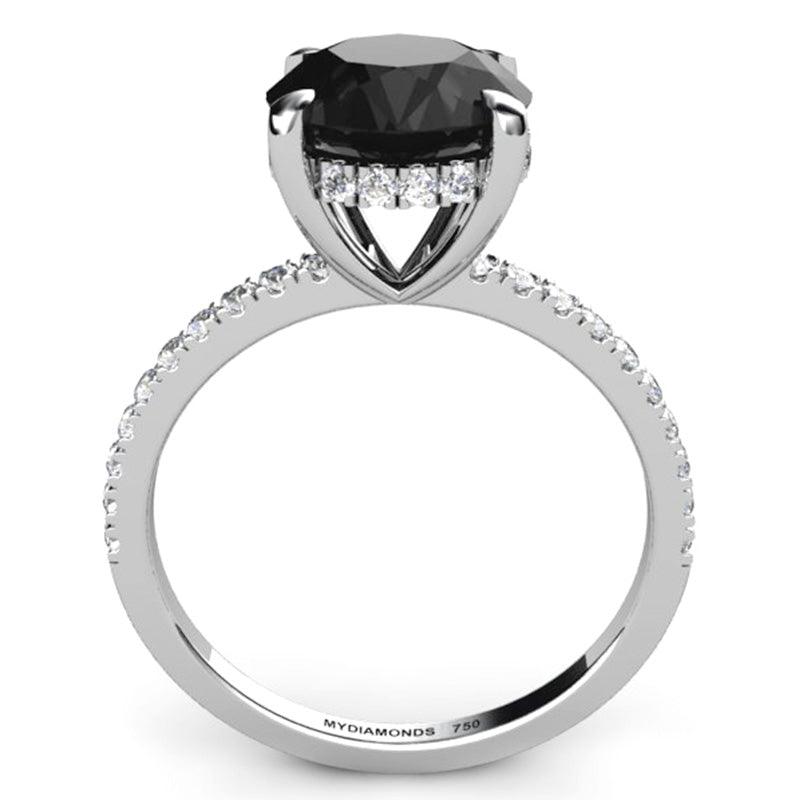 Black Diamond Noire - AAA 3.00ct Centre. Hidden halo set to the side of the black diamond. 