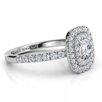 Cushion cut diamond double halo ring in white gold.  Side view showing the intricate detail
