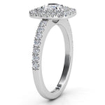 Platinum Norah cushion diamond double halo, side view showing the low set halo disk