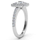 Platinum Norah cushion diamond double halo, side view showing the low set halo disk