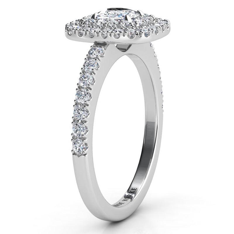 Platinum Norah cushion diamond double halo, side view showing the low set halo disk