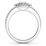 Platinum Norah cushion diamond double halo, side view 2 showing the low set halo disk