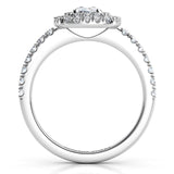 Platinum Norah cushion diamond double halo, side view 2 showing the low set halo disk