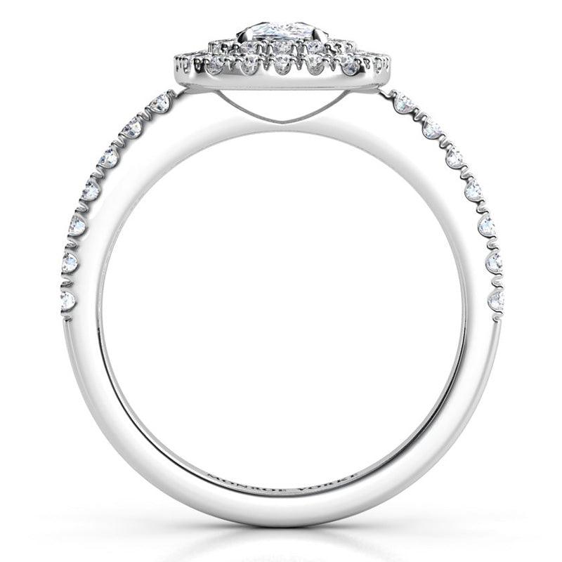 Platinum Norah cushion diamond double halo, side view 2 showing the low set halo disk