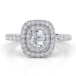 Norah in platinum - Cushion cut double halo diamond engagement ring with diamonds on the band