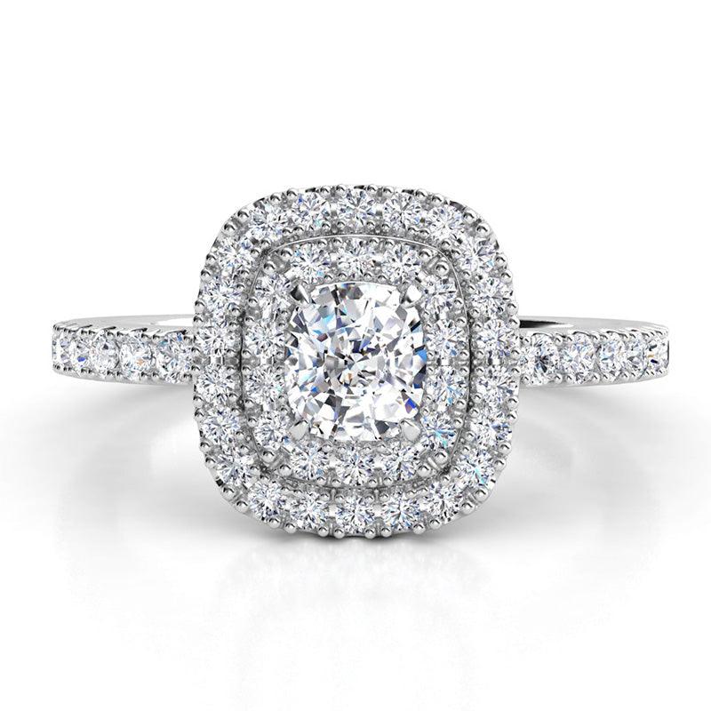 Norah in platinum - Cushion cut double halo diamond engagement ring with diamonds on the band