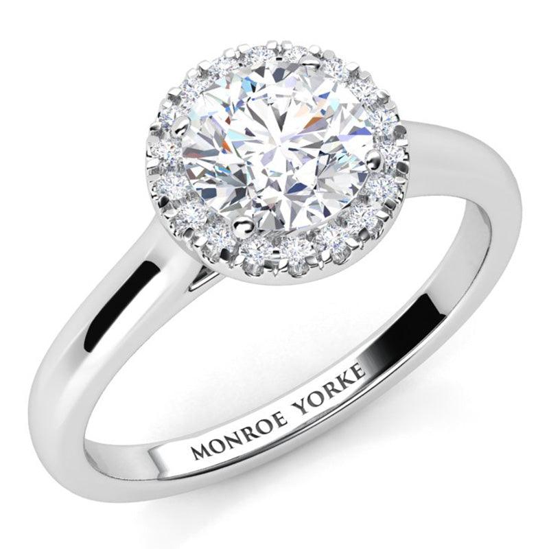 Oasis - GIA certified Round Diamond Halo Engagement Ring. White gold 