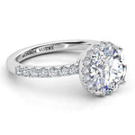 Orion Halo Engagement Ring. Unique Design with halo set under the girdle of main diamond. White Gold.