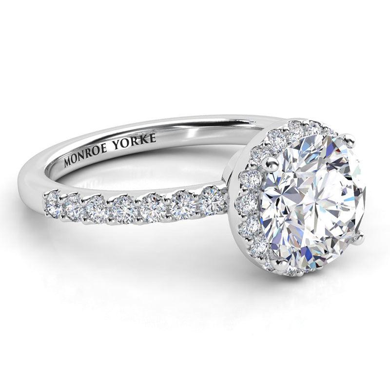 Orion Halo Engagement Ring. Unique Design with halo set under the girdle of main diamond. White Gold. — view 3