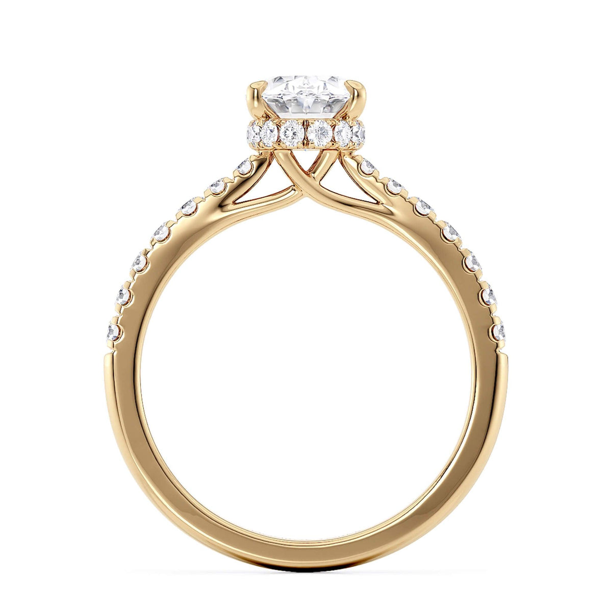 Beautiful detail of the the centre setting of the Paige oval diamond ring.  Arms that cross over to create the centre claws — view 5