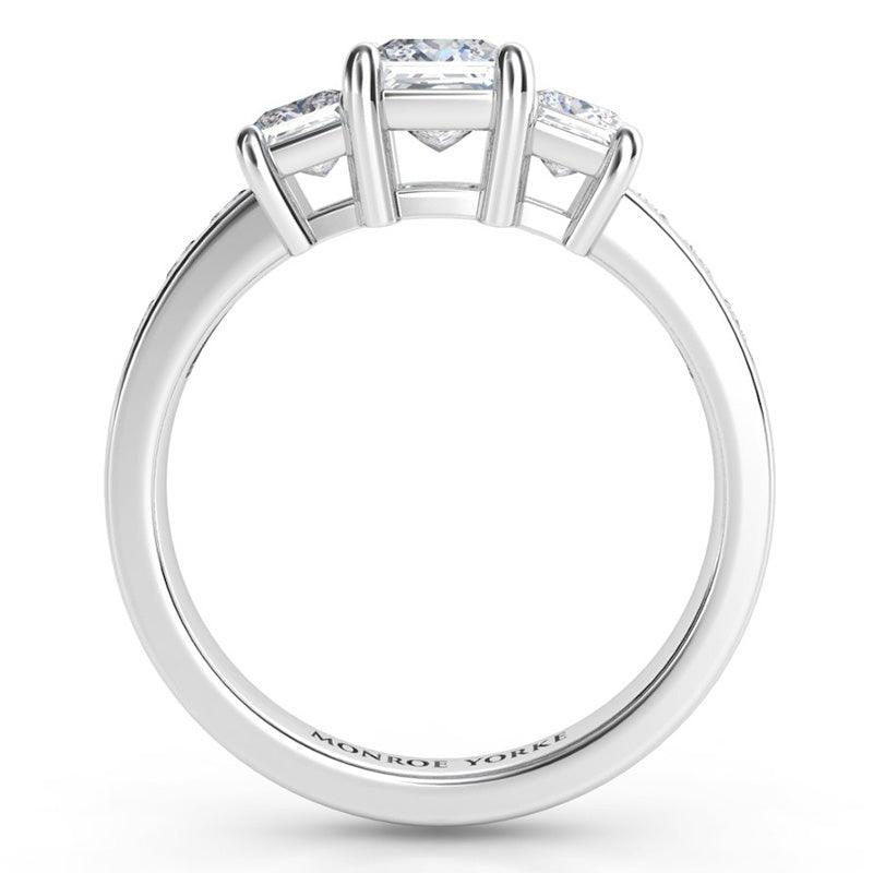 Robina Three Stone Ring Side View showing the beautiful centre setting. 