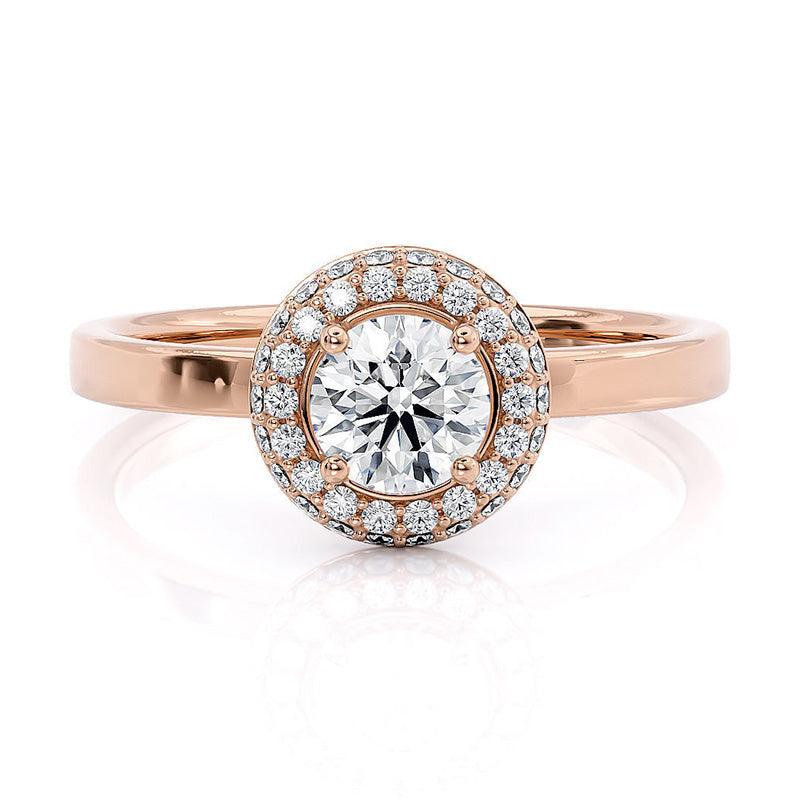Roma - Double Row Halo, Curved halo. Centre round diamond.  Flat band. Rose Gold
