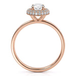 Roma - Double Row Halo, Curved halo. Centre round diamond.  Rose gold. Side view