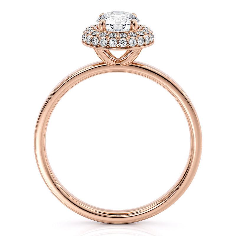 Roma - Double Row Halo, Curved halo. Centre round diamond.  Rose gold. Side view