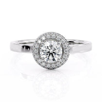 Roma - Double Row Halo, Curved halo. Centre round diamond.  Flat band. White gold or platinum