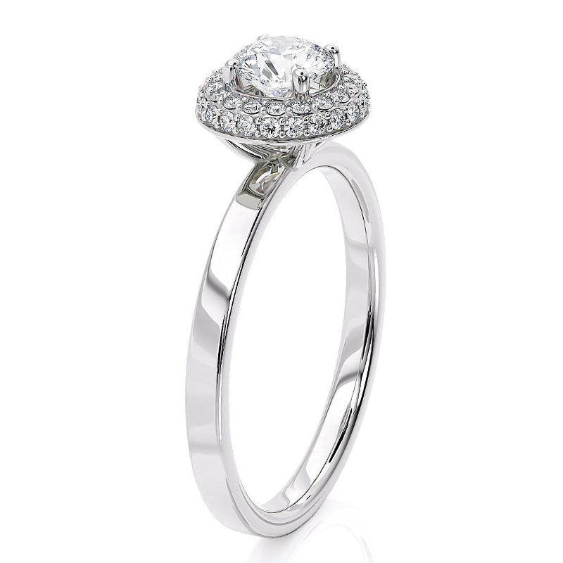 Roma - Double Row Halo, Curved halo. Centre round diamond.  Flat band. White gold or platinum. Side view