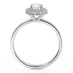 Roma - Double Row Halo, Curved halo. Centre round diamond. White gold or platinum. Side view 