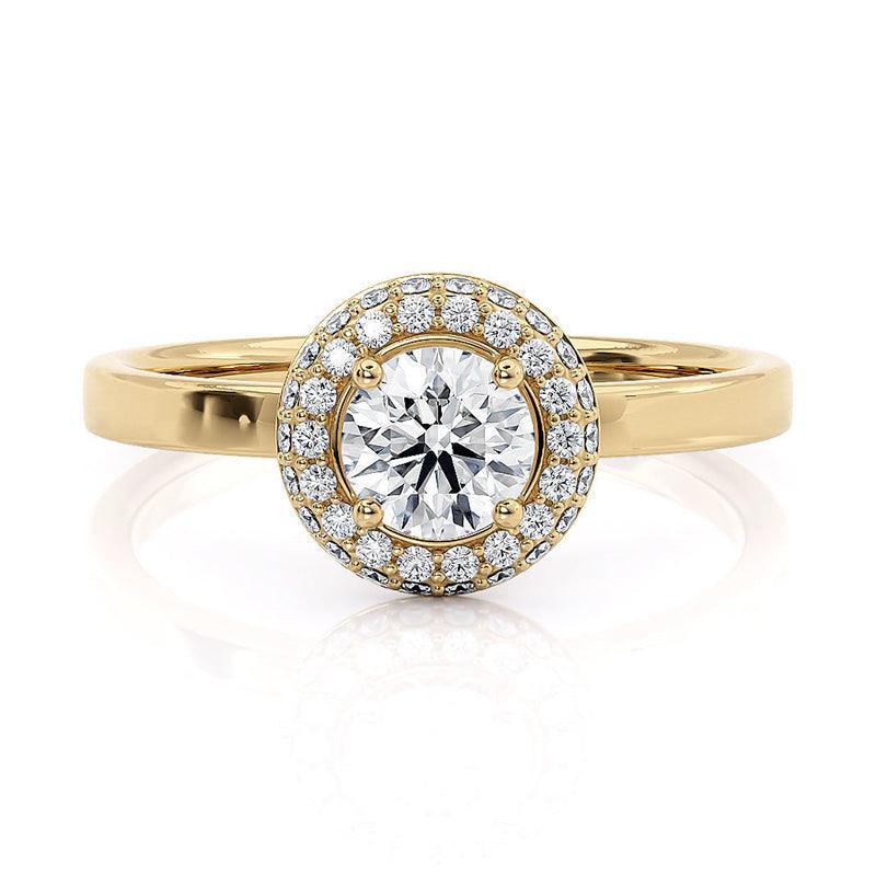 Roma - Double Row Halo, Curved halo. Centre round diamond.  Flat band. Yellow Gold