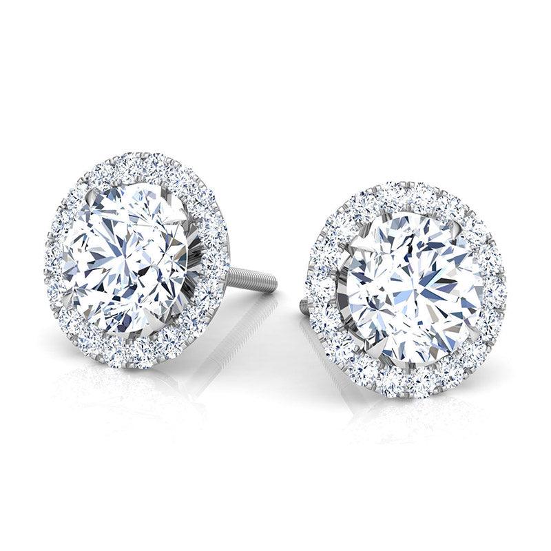 Diamond ear stud halo earrings. centre round diamond with a halo of round diamonds around it