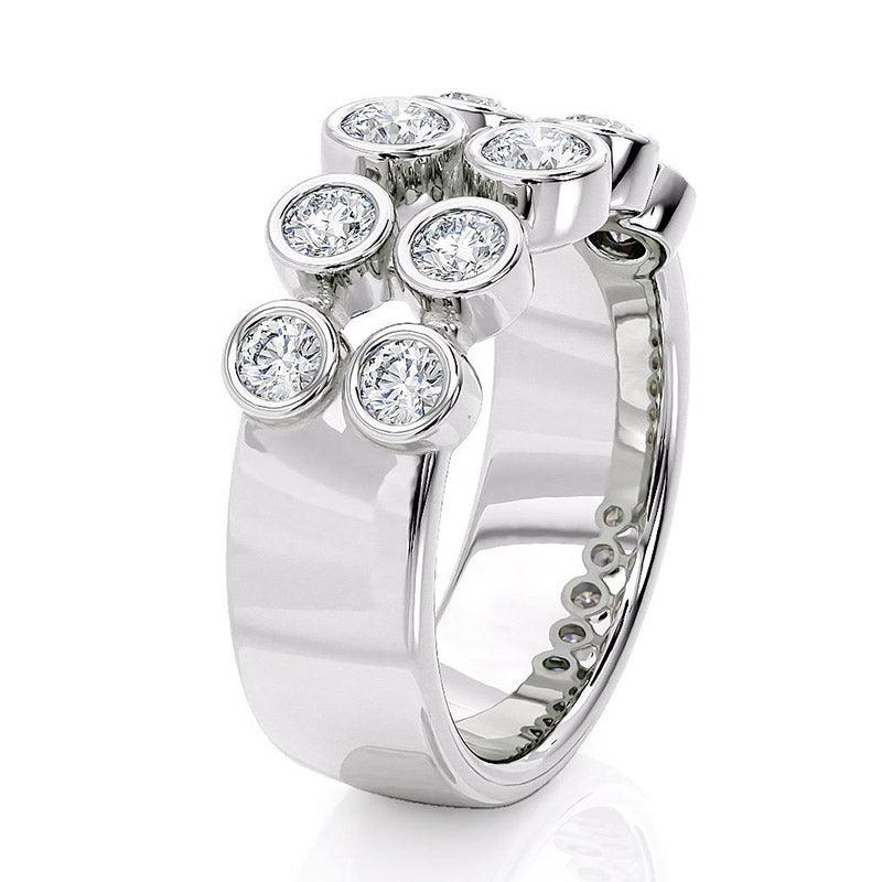 Roxy - ten round diamond dress ring with bezel set diamonds. Side View, White gold or platinum 
