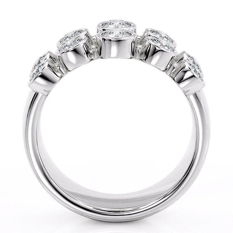 Roxy - ten round diamond dress ring with bezel set diamonds. Side View, White gold or platinum 
