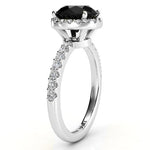 Sasha - Side view showing: Black Diamond ring with a unique halo set just under the main diamond. 
