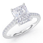 Top view of Seville - Radiant cut diamond engagement ring with a hidden halo of diamonds and diamonds on the band