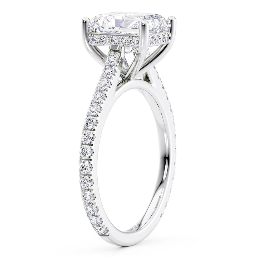 Side view of Seville radiant cut diamond engagement ring showing the hidden halo of diamonds