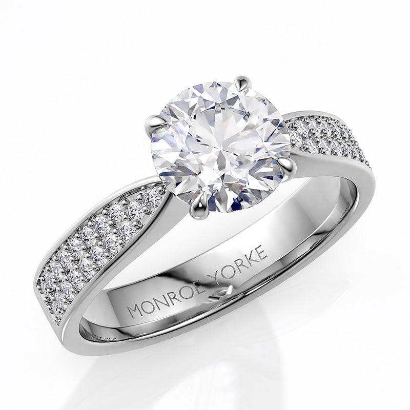 Sophia - Pave Set Engagement ring, centre round brilliant cut diamond. Pave set diamonds on the band. 
