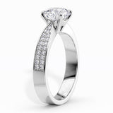 Sophia - Engagement ring, side view showing the beautiful detail of the centre setting and pave set diamonds on the band. 