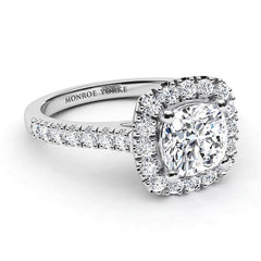 Summer - side view. Cushion cut diamond halo engagement ring with diamonds down the band.  18ct White Gold