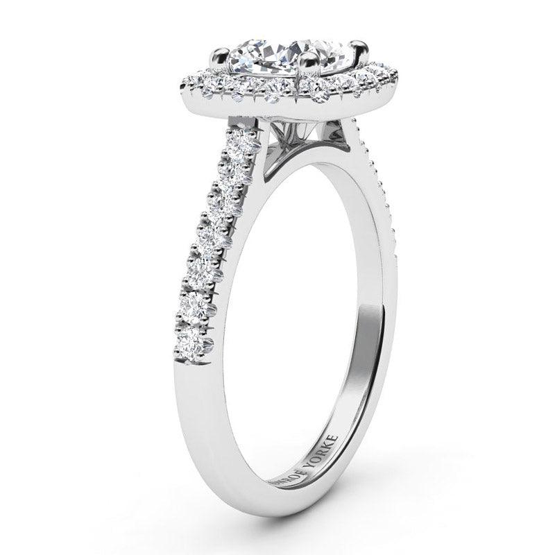 Summer - side view. Cushion cut diamond halo engagement ring with diamonds down the band.  18ct White Gold — view 4