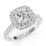 Summer - White Gold, GIA certified cushion cut diamond halo engagement ring with diamonds down the band.  