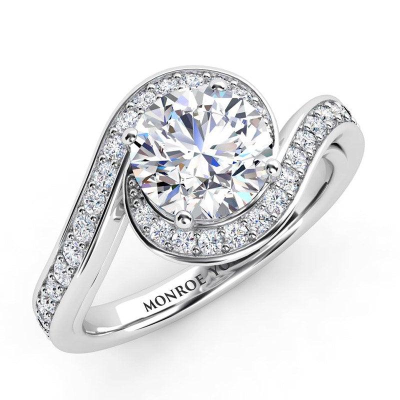 Unique halo round diamond engagement ring. Tempest, created in platinum