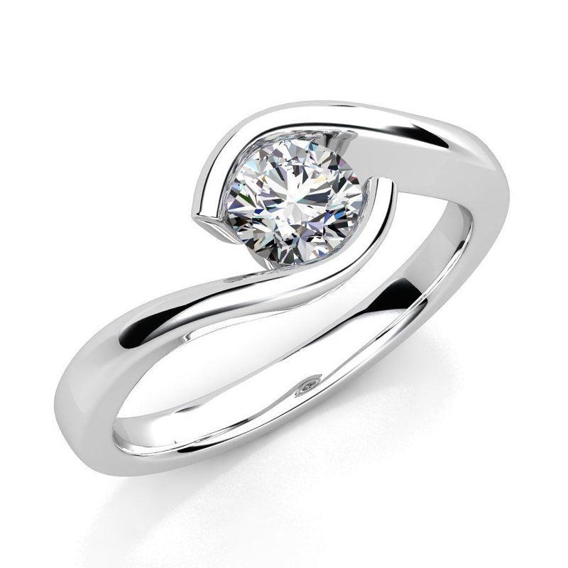 Zita in platinum- unique solitaire diamond ring, tension set round diamond. 
