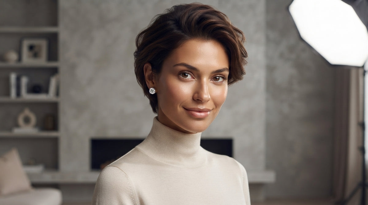Model wearing diamond ear studs